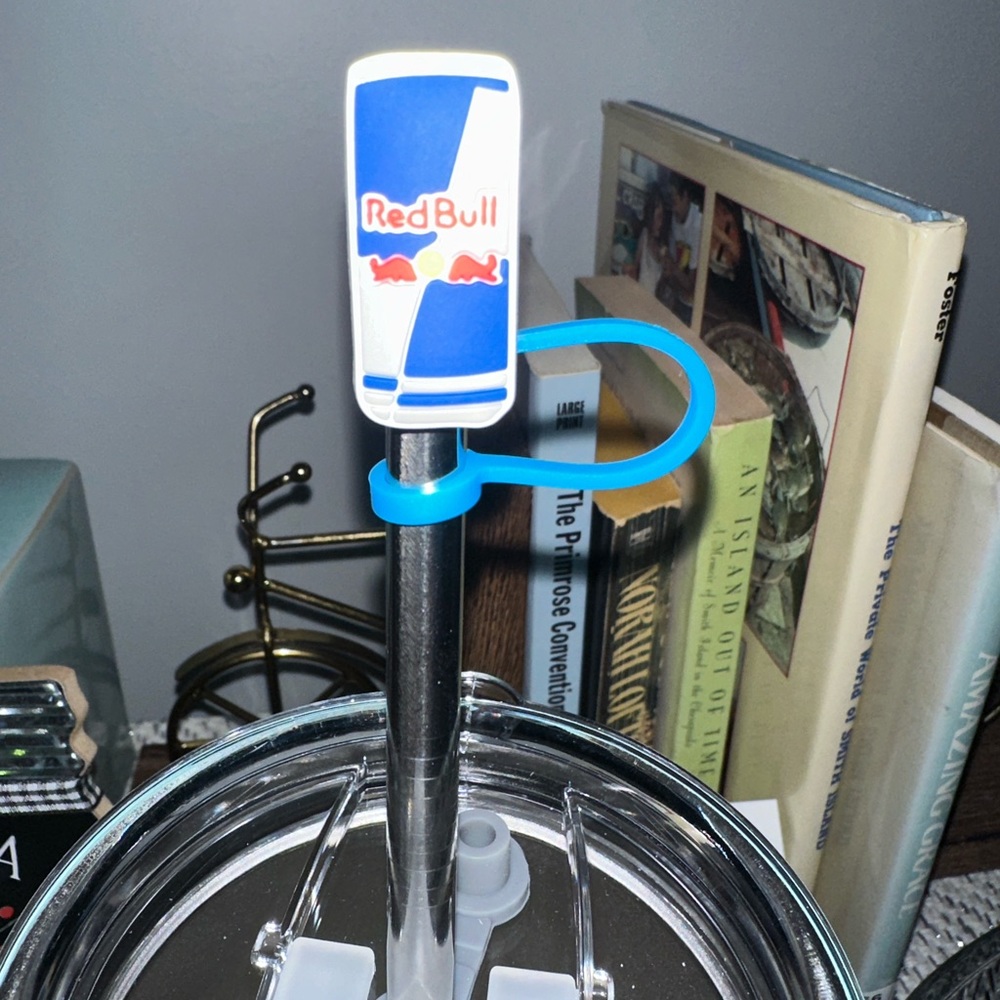 Set of 3 water bottle straw covers. Monster can, red bull can and calico cat.